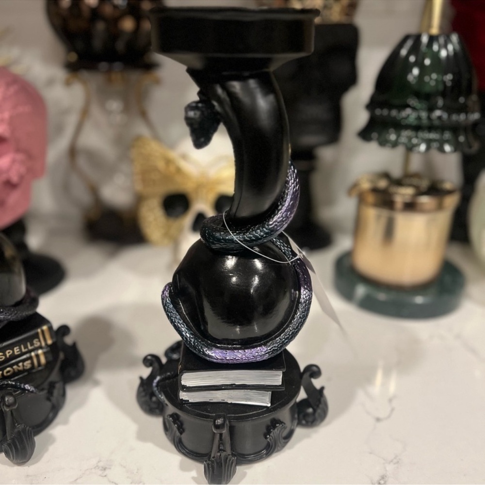 New Spooky Halloween Large Black Skull Spells Snake Candle Holder Decor Set of 2 - Picture 6 of 8